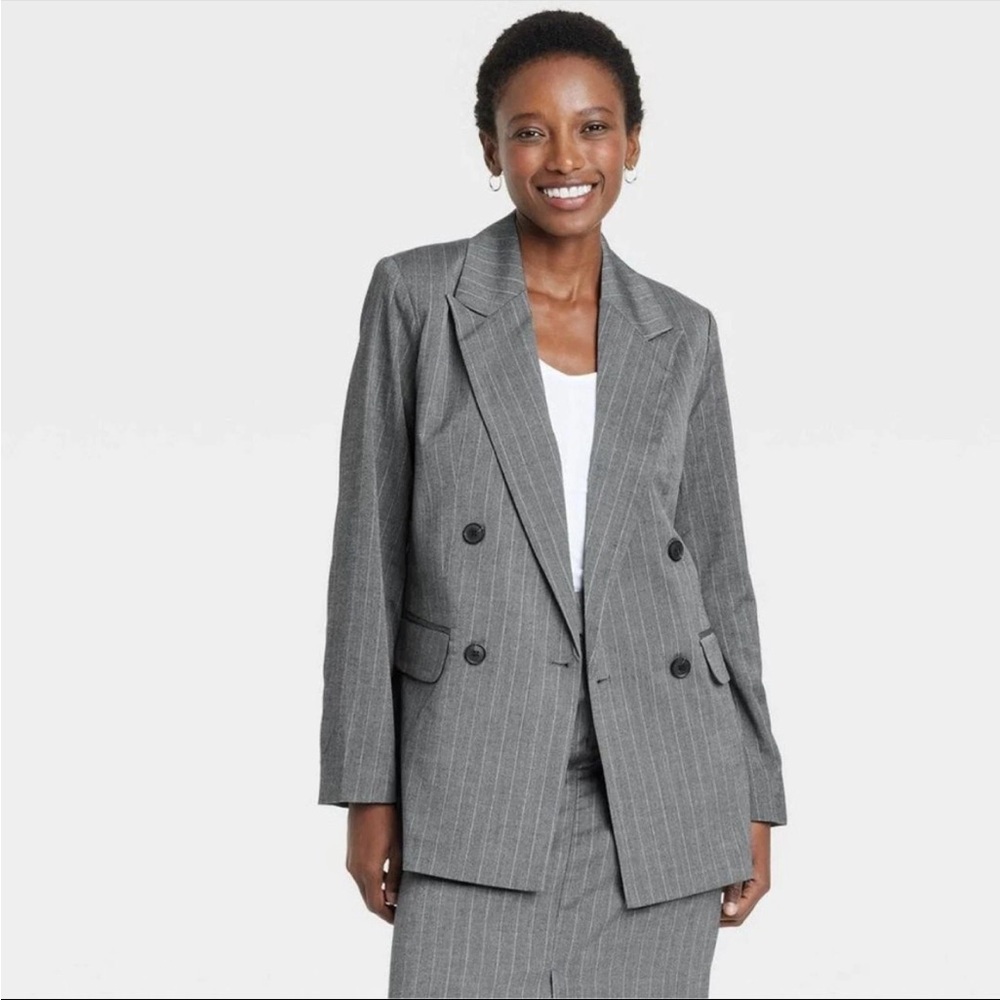 A New Day Women's Double
Breasted Blazer Gray Pinstripe